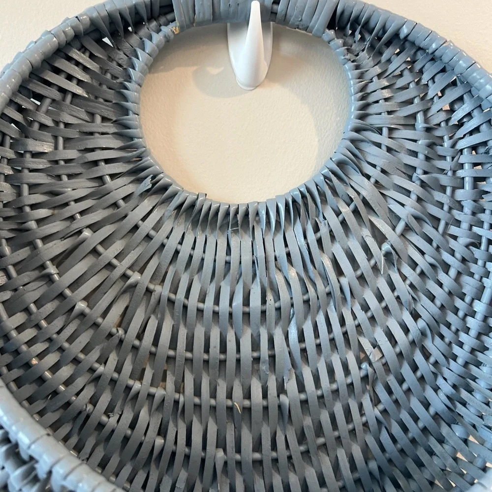 Woven Wicker Pocket Basket Blue Grayish Half Moon Design Vintage Painted